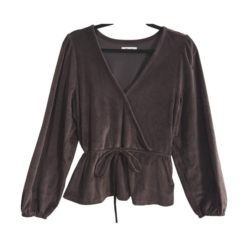 MADEWELL Women Ribbed Velour Peplum Top Long Sleeve‎ V Neck Sz L Brown 1a-14